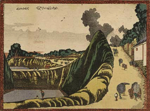 Le Fossé d’Ushigafuchi à Kudanzaka, Kudan Ushigafuchi, Début ère Bunka (vers 1804-1807), Estampe nishiki-e, format chūban, 18 × 24,5 cm, Signature : Hokusai Egaku, Paris, Bibliothèque nationale de France