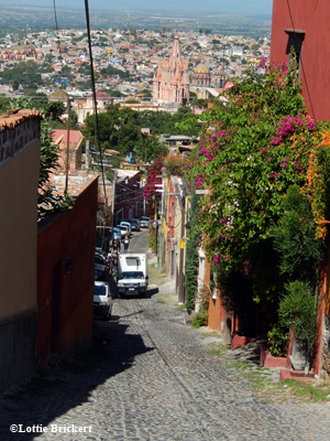 Vue sur la cathédrale de San Miguel de Allende depuis les ruelles escarpées. Photo: LB